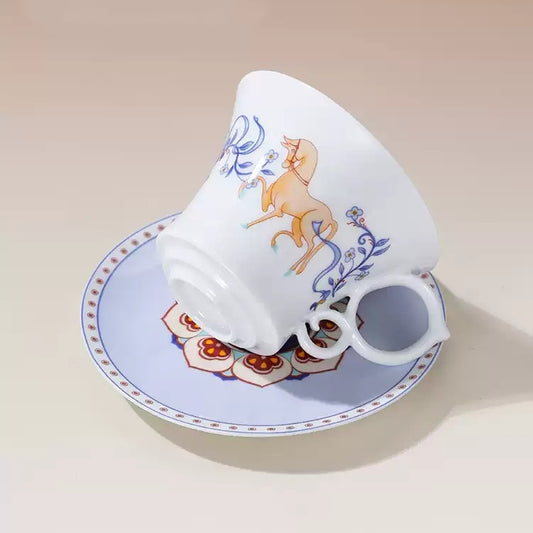 Dunhuang-Inspired White Horse & Lotus Coffee Cup & Saucer Set