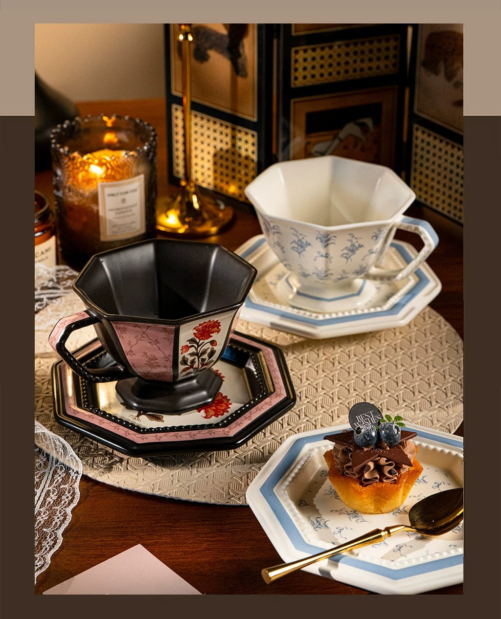 Romantic Bellflower & Star Flower Vintage Ceramic Coffee Cup & Saucer Gift Set