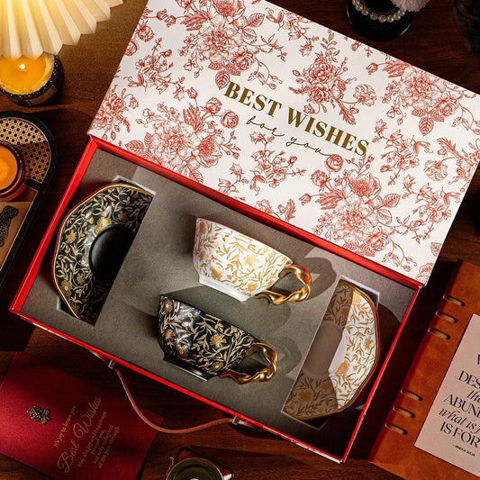 Vintage Mandala & Peony Bud Ceramic Coffee Cup & Saucer Gift Set