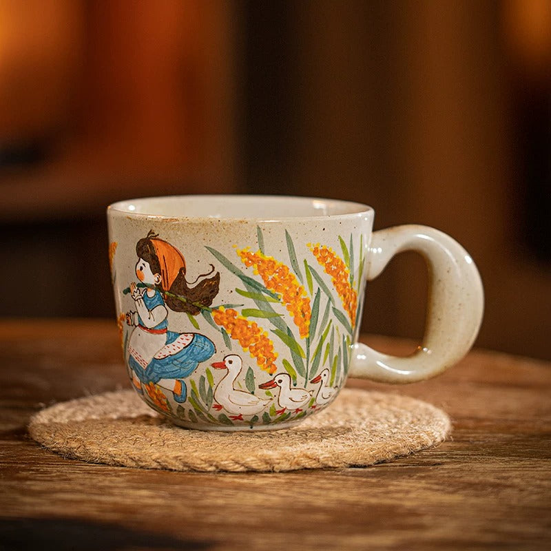 Cute Girl with Wheat Floral Design Ceramic Mug