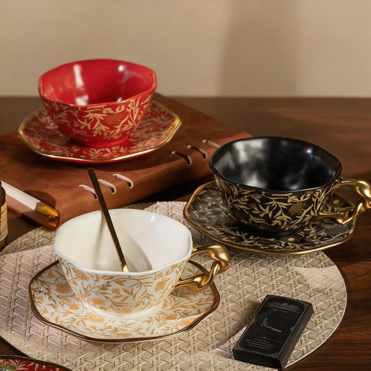 Vintage Mandala & Peony Bud Ceramic Coffee Cup & Saucer Gift Set