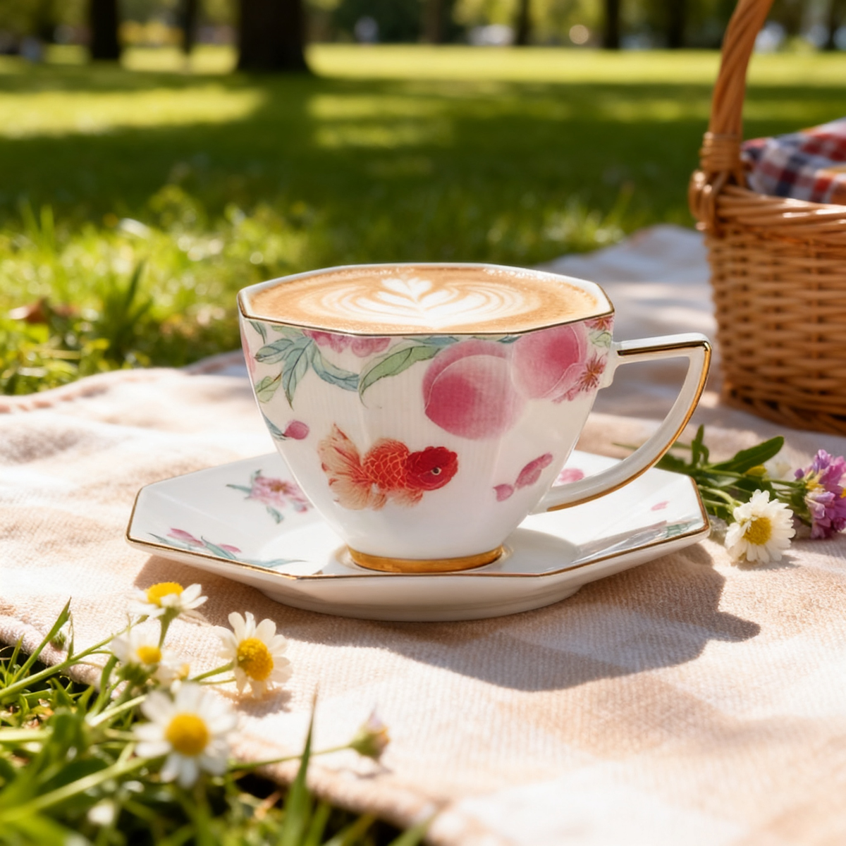 Fortune Goldfish & Peach Ceramic Coffee Cup & Saucer