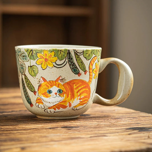 Hand-Painted Cottage Cat Ceramic Coffee Mug