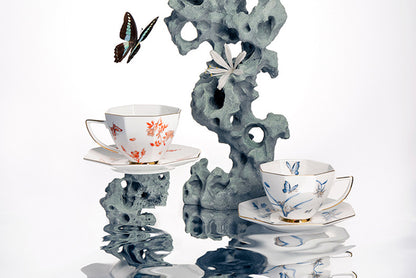 Vintage Floral, Leaf & Butterfly Ceramic Coffee Cup Set