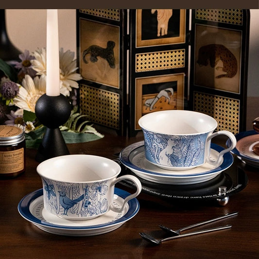 Blue & White Secret Garden White Cat & Blue Bird Ceramic Coffee Cup & Saucer Gift Set
