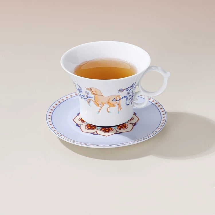 Dunhuang-Inspired White Horse & Lotus Coffee Cup & Saucer Set