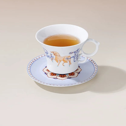 Dunhuang-Inspired White Horse & Lotus Coffee Cup & Saucer Set