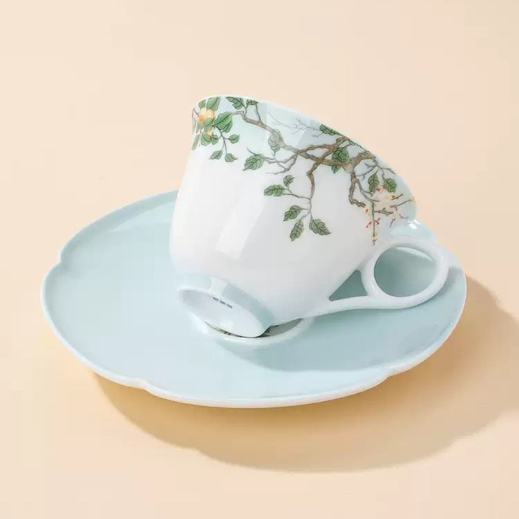 Chinese Botanical Flower & Fruit Porcelain Coffee Cup & Saucer Set