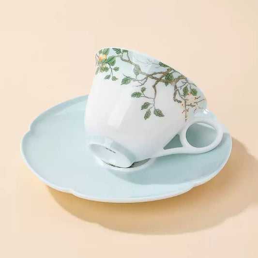 Chinese Botanical Flower & Fruit Porcelain Coffee Cup & Saucer Set