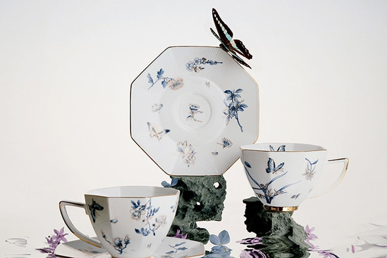 Vintage Floral, Leaf & Butterfly Ceramic Coffee Cup Set