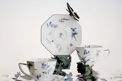 Vintage Floral, Leaf & Butterfly Ceramic Coffee Cup Set