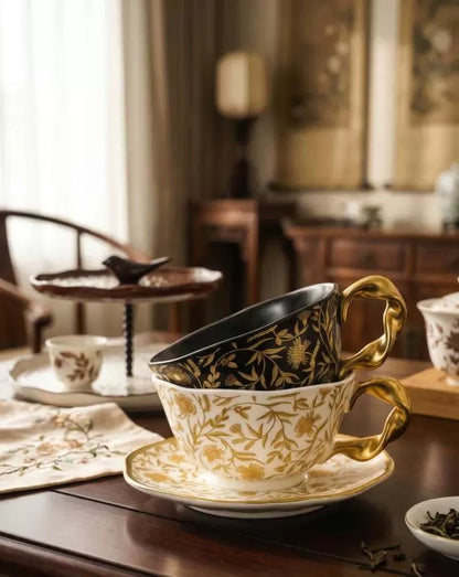 Vintage Mandala & Peony Bud Ceramic Coffee Cup & Saucer Gift Set