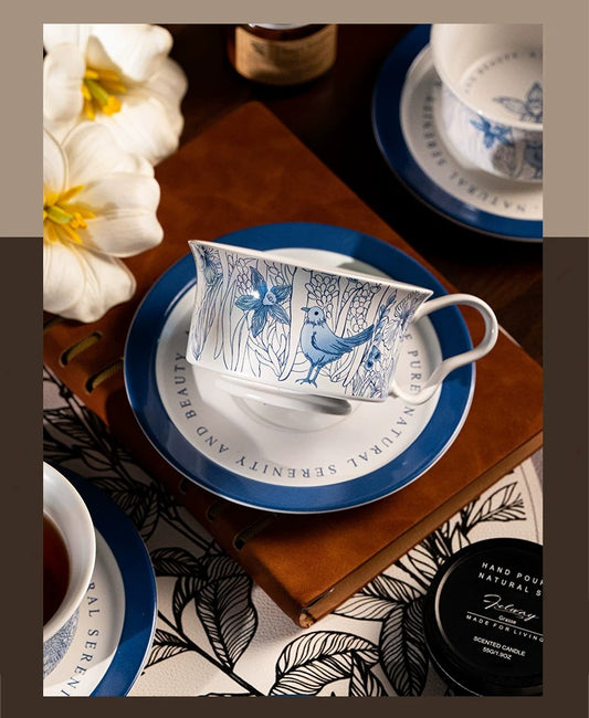 Blue & White Secret Garden White Cat & Blue Bird Ceramic Coffee Cup & Saucer Gift Set