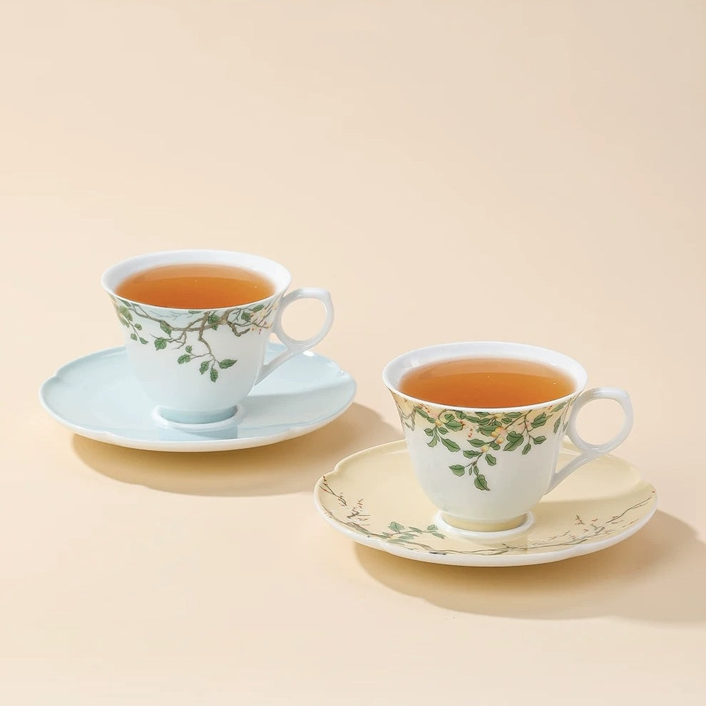 Botanical Floral & Fruit Porcelain Coffee Cup & Saucer Set