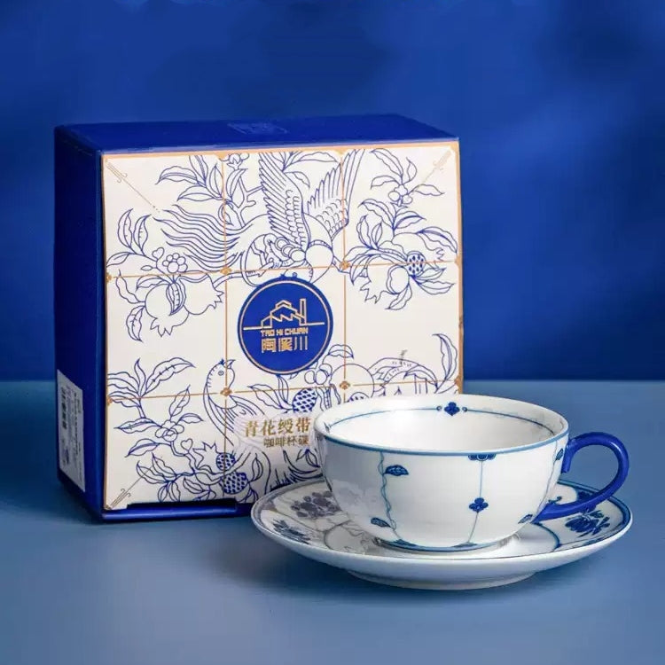 Blue & White Botanical Porcelain Latte Cup & Saucer Set