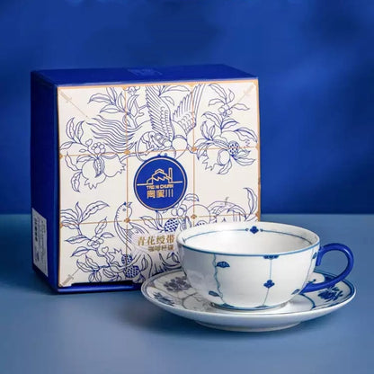 Blue & White Botanical Porcelain Latte Cup & Saucer Set