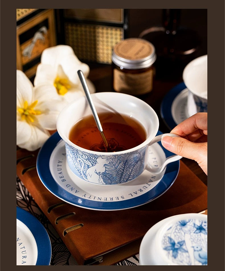 Blue & White Secret Garden White Cat & Blue Bird Ceramic Coffee Cup & Saucer Gift Set