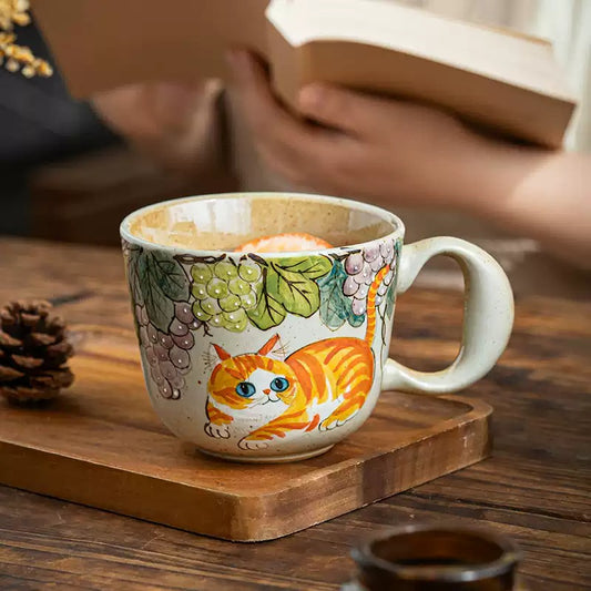 Hand-Painted Cottage Cat Ceramic Coffee Mug