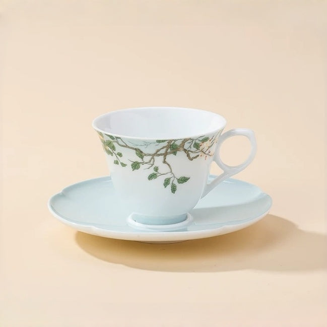 Chinese Botanical Flower & Fruit Porcelain Coffee Cup & Saucer Set
