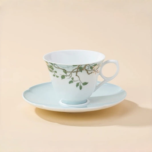 Chinese Botanical Flower & Fruit Porcelain Coffee Cup & Saucer Set