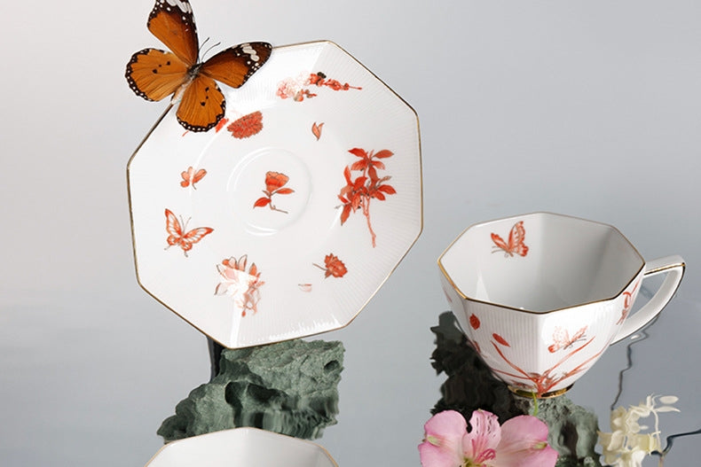 Vintage Floral, Leaf & Butterfly Ceramic Coffee Cup Set