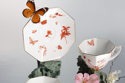 Vintage Floral, Leaf & Butterfly Ceramic Coffee Cup Set