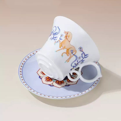 Dunhuang-Inspired White Horse & Lotus Coffee Cup & Saucer Set
