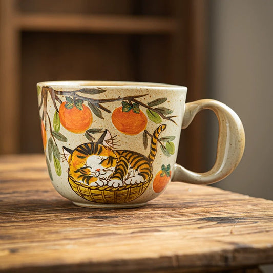 Hand-Painted Cottagecore Cat Ceramic Mug
