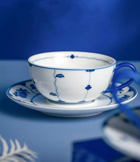Blue & White Botanical Porcelain Latte Cup & Saucer Set