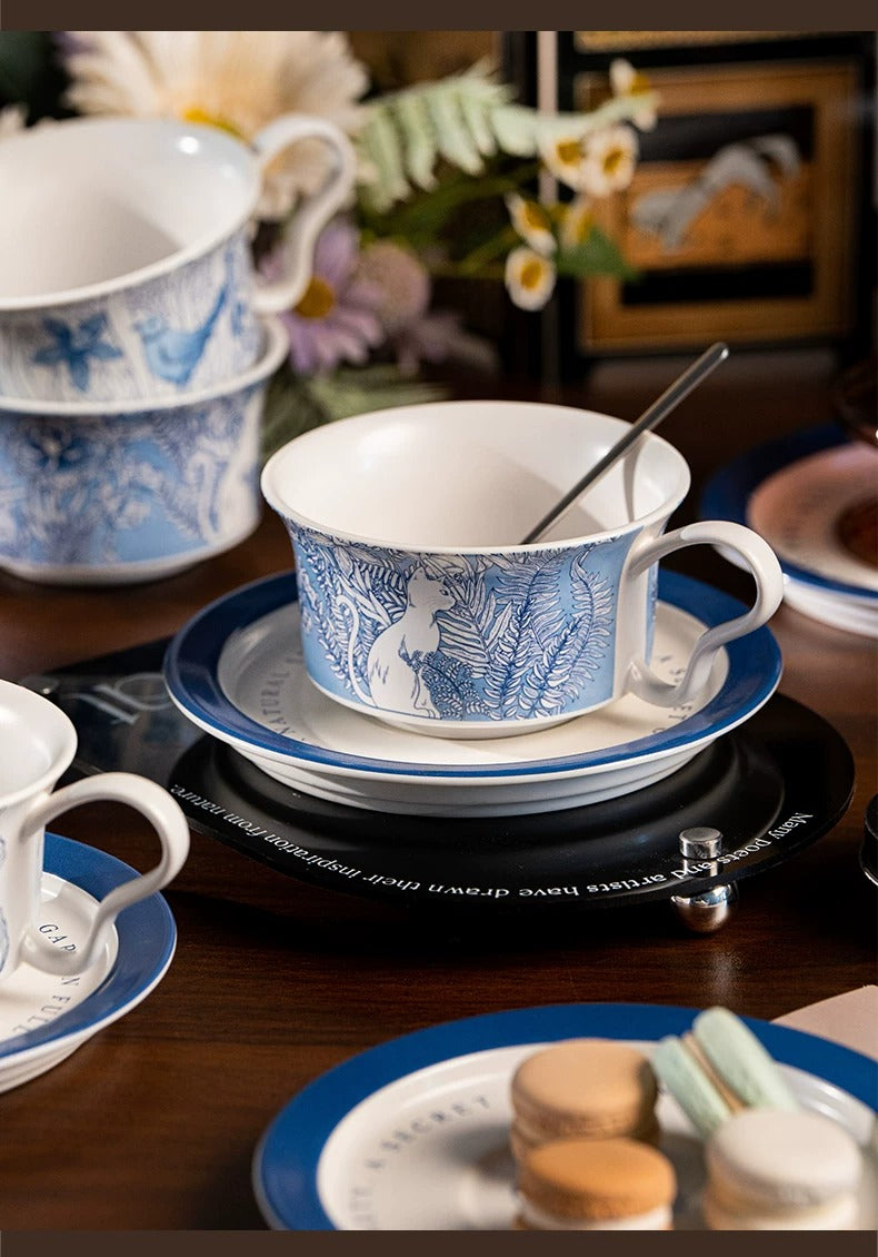 Blue & White Secret Garden White Cat & Blue Bird Ceramic Coffee Cup & Saucer Gift Set