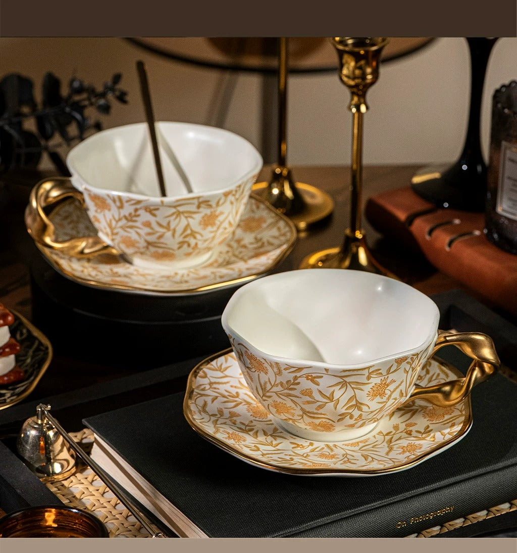 Vintage Mandala & Peony Bud Ceramic Coffee Cup & Saucer Gift Set