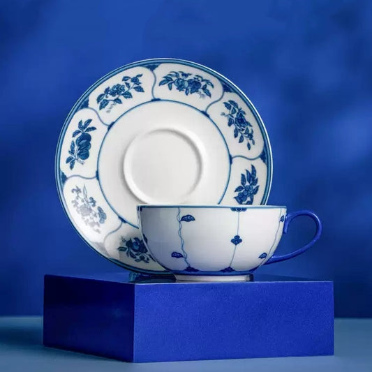 Blue & White Botanical Porcelain Latte Cup & Saucer Set