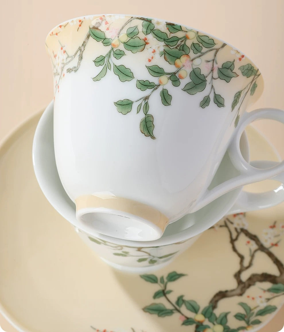 Botanical Floral & Fruit Porcelain Coffee Cup & Saucer Set