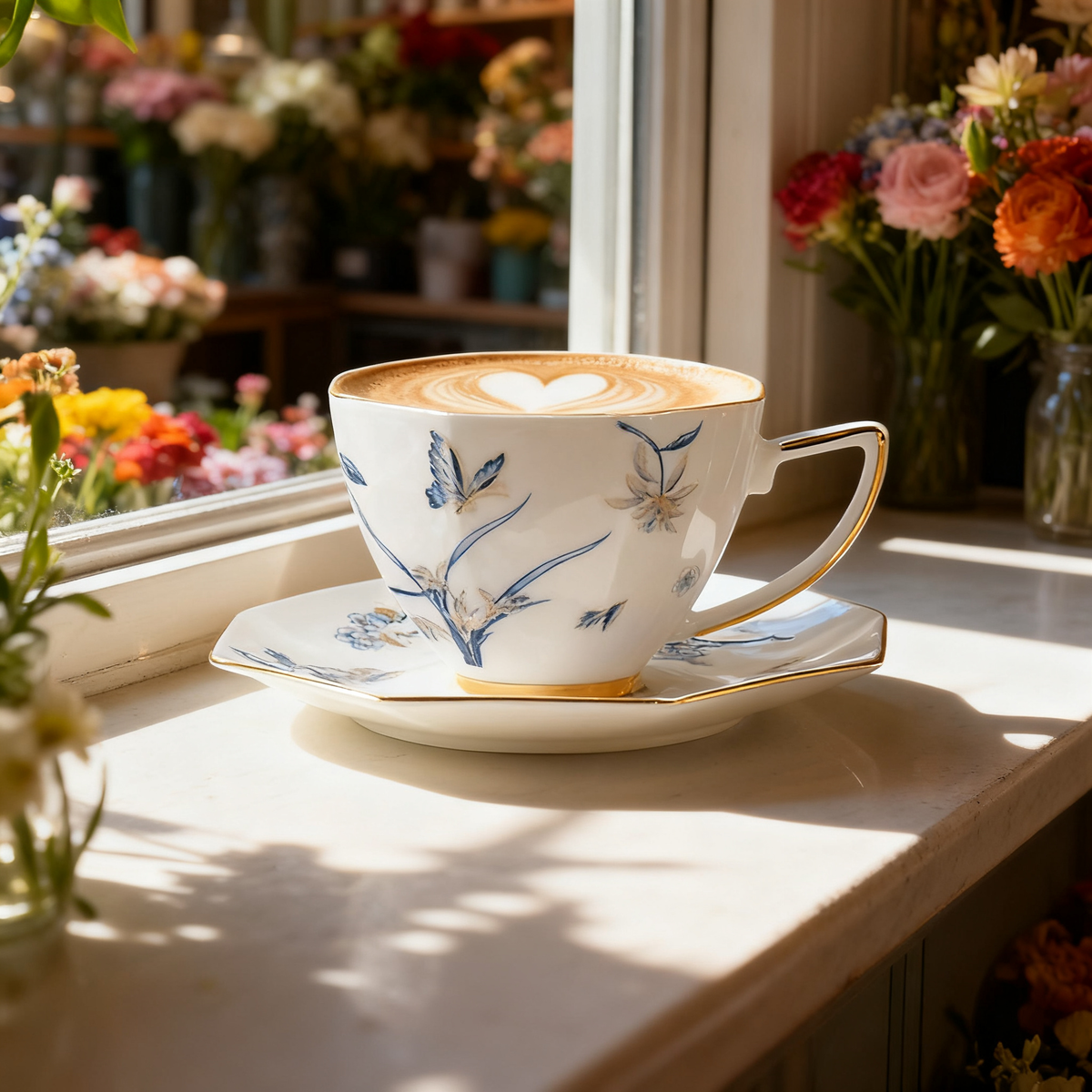 Vintage Floral, Leaf & Butterfly Ceramic Coffee Cup Set