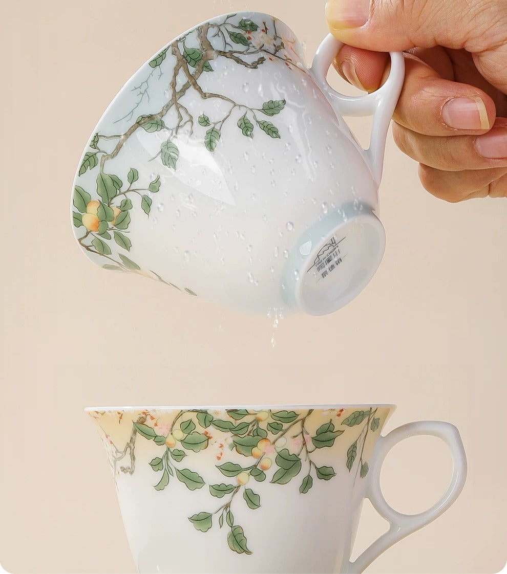 Botanical Floral & Fruit Porcelain Coffee Cup & Saucer Set