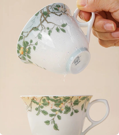 Botanical Floral & Fruit Porcelain Coffee Cup & Saucer Set