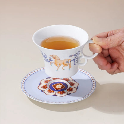 Dunhuang-Inspired White Horse & Lotus Coffee Cup & Saucer Set