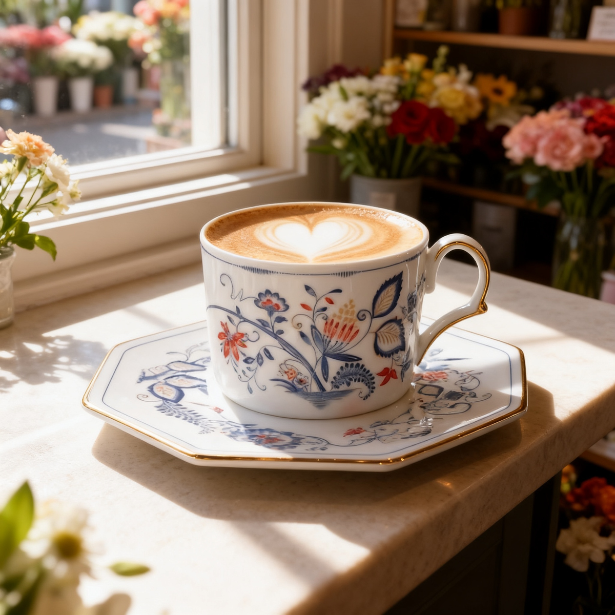 Borage & Peony Floral Ceramic Coffee Cup & Saucer