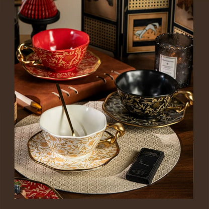 Vintage Mandala & Peony Bud Ceramic Coffee Cup & Saucer Gift Set