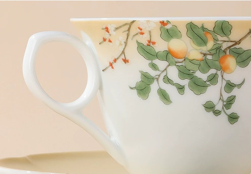Botanical Floral & Fruit Porcelain Coffee Cup & Saucer Set