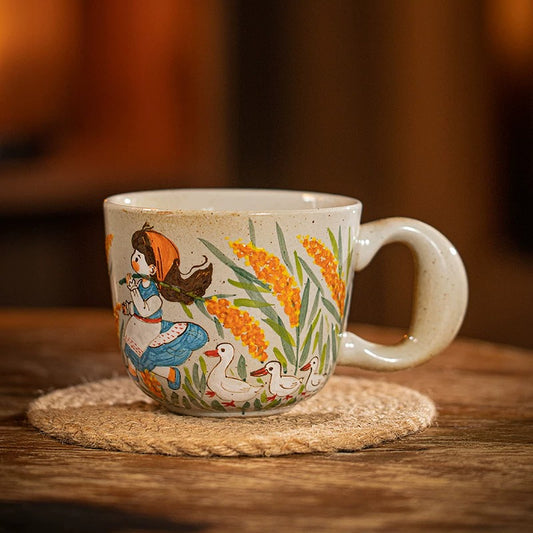 Cute Girl with Wheat Floral Design Ceramic Mug