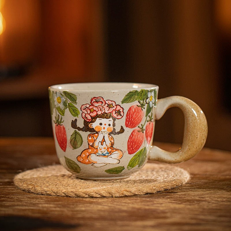 Cute Girl with Strawberry Design Ceramic Mug