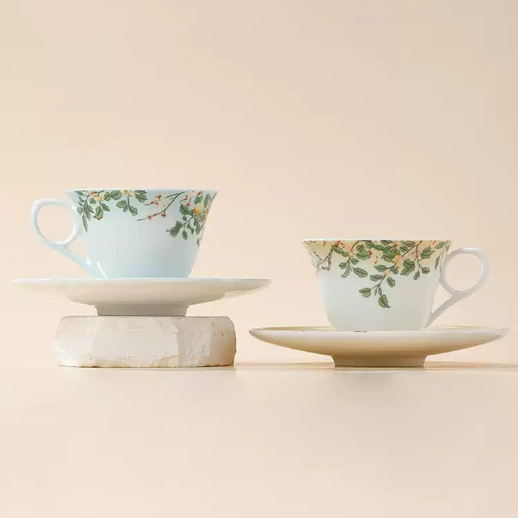 Botanical Floral & Fruit Porcelain Coffee Cup & Saucer Set