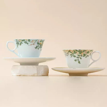 Botanical Floral & Fruit Porcelain Coffee Cup & Saucer Set