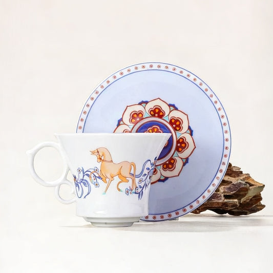 Dunhuang-Inspired White Horse & Lotus Coffee Cup & Saucer Set