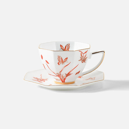 Vintage Floral, Leaf & Butterfly Ceramic Coffee Cup Set