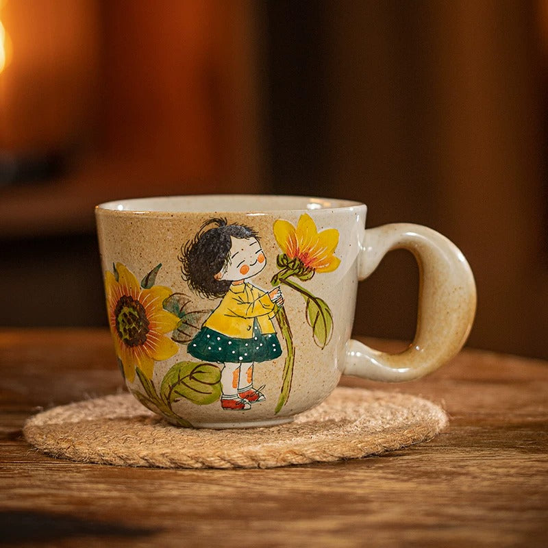 Cute Girl with Sunflower Floral Design Ceramic Mug
