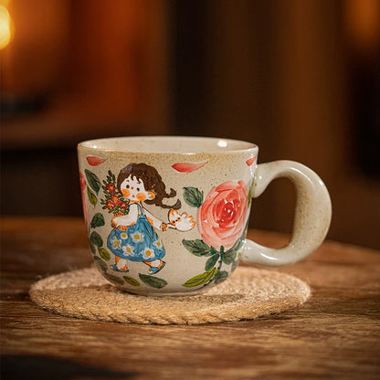 Cute Girl with Rose Floral Design Ceramic Mug