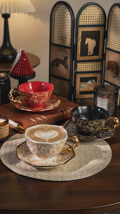 Vintage Mandala & Peony Bud Ceramic Coffee Cup & Saucer Gift Set