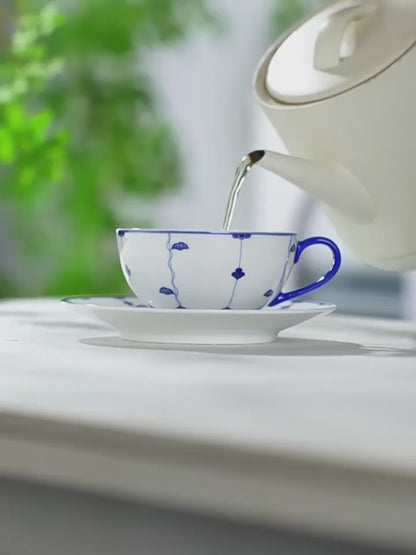 Blue & White Botanical Porcelain Latte Cup & Saucer Set